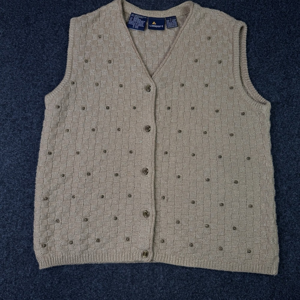 Vintage Lizsport Womens L Sweater Vest Metallic Knit Beaded Grandpa Grandma Core